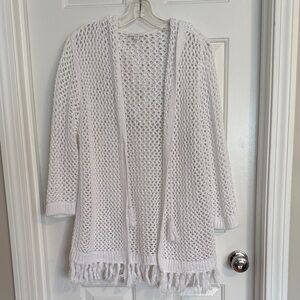 J. Jill White Open-Knit Fringe Tie-Front Hooded Cardigan